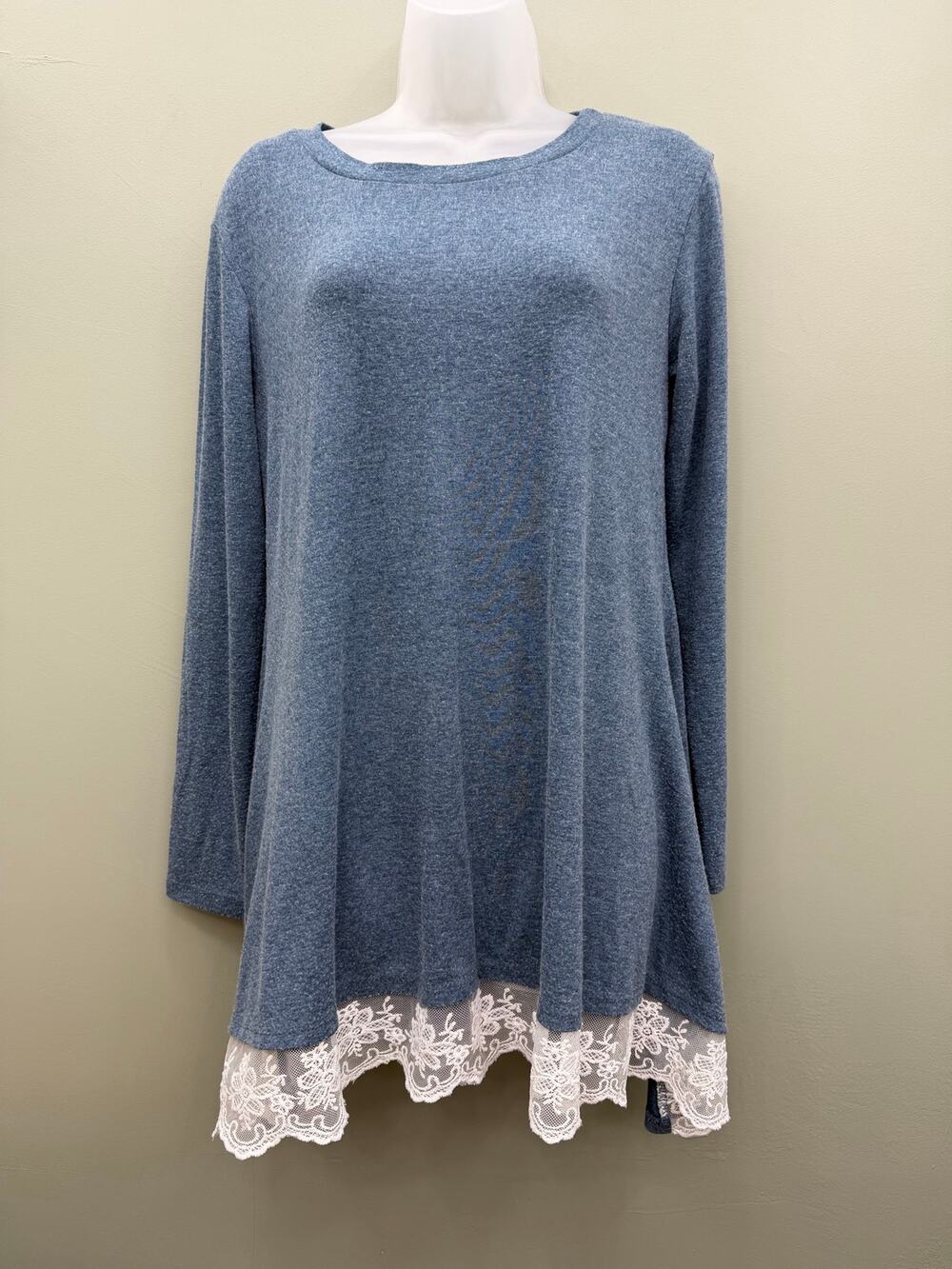 Wekili Blue Lace Hem Tunic Top S Long Sleeve A Line Cottagecore 95% Cotton